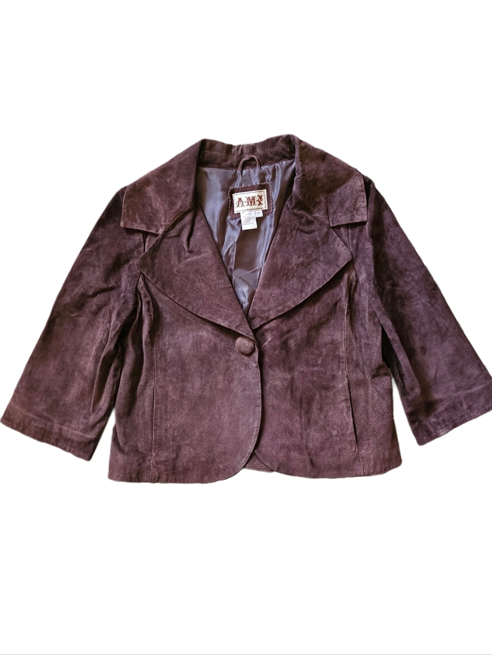 Vintage AMI Brown Leather Suede Blazer with Button & Collar detail, 100% leather